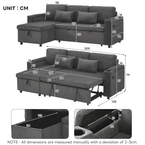 3-in-1 Corduroy Sofa Bed with Storage & Charging – Grey