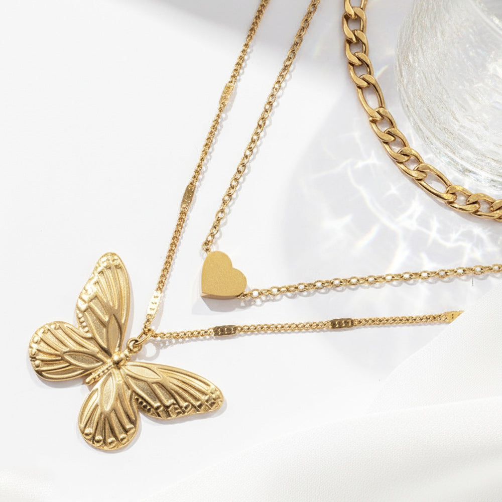 Layered Butterfly Heart Pendant Necklace — Dainty Double Layer Butterfly & Heart Charm Necklace for Women | Gift Jewellery