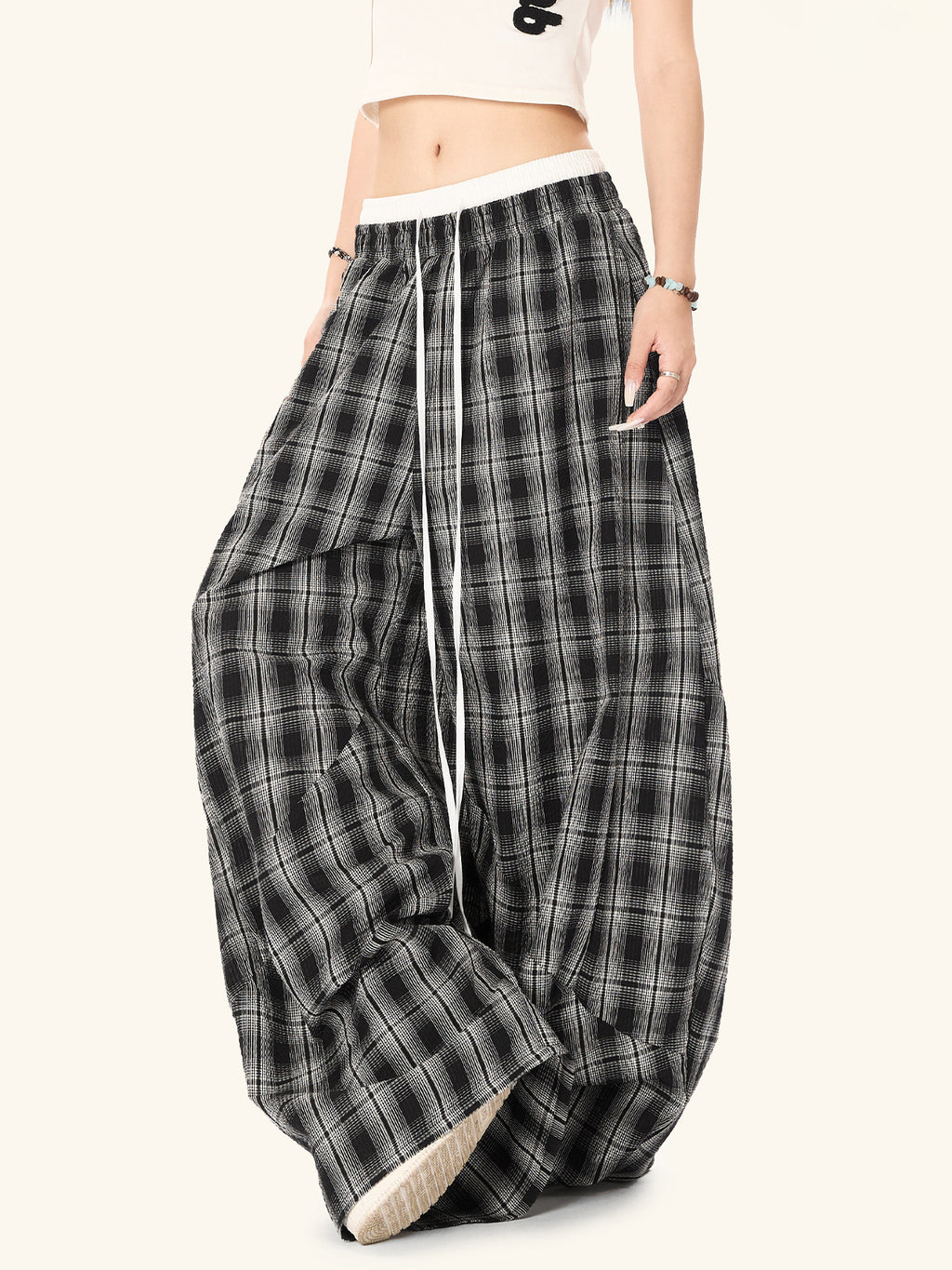 Black White Plaid High Waist Straight Leg Pants for Women — Classic Tartan Trousers for Office Work & Casual Wear
