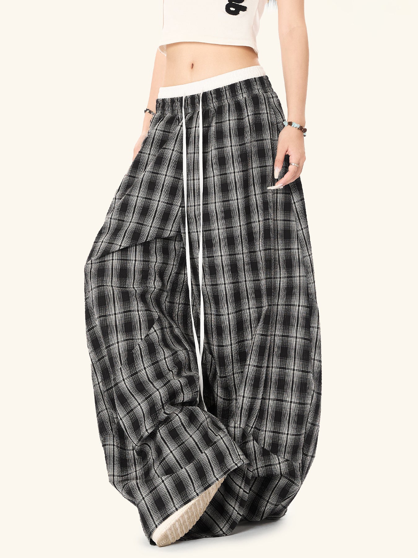 Black White Plaid High Waist Straight Leg Pants for Women — Classic Tartan Trousers for Office Work & Casual Wear