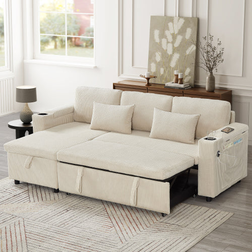 3-in-1 Corduroy Sofa Bed with Storage & Charging – Grey