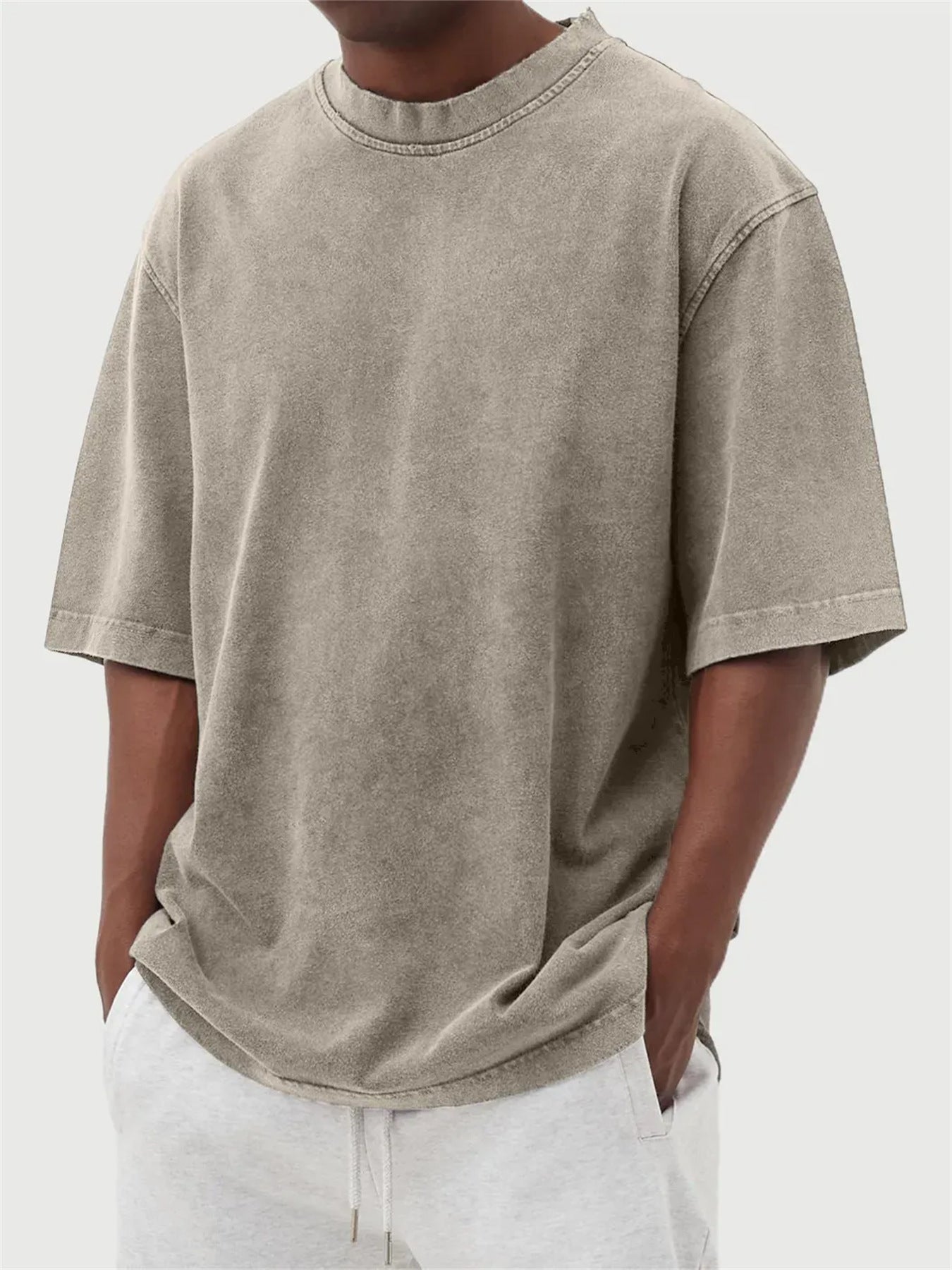 Men's Washed Distressed Pullover T-Shirt — Vintage Acid Wash Oversized Streetwear Tee with Drop Shoulder | Retro Style