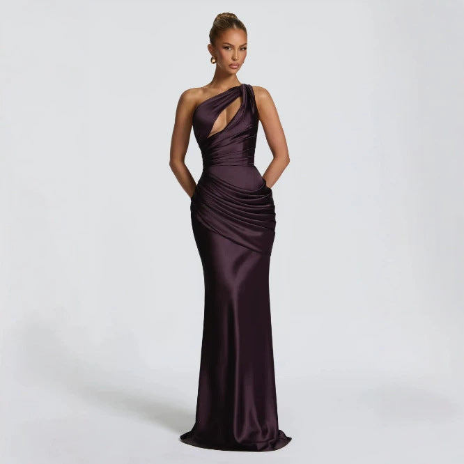 Satin Asymmetric Evening Gown — Women's Elegant Floor Length One Shoulder Formal Dress for Wedding Guest, Gala & Party