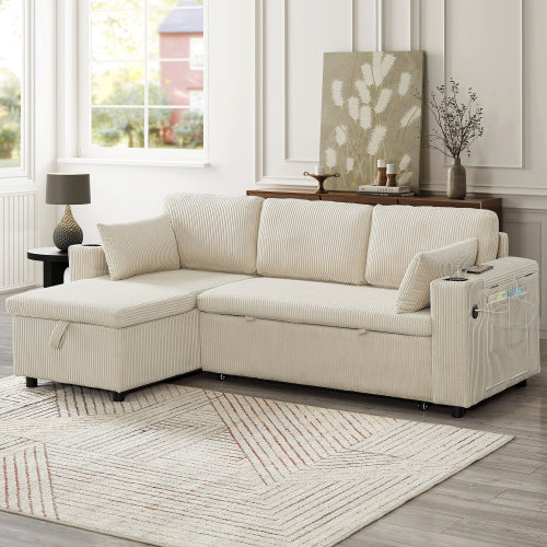3 In 1 Convertible Corduroy Sofa Bed With Storage Chaise, L Shaped Sleeper Sofa Couches With Armrest Storage And Charging Station. Pullout Sectional Daybed For Living RoomBedroomOffice, Grey
