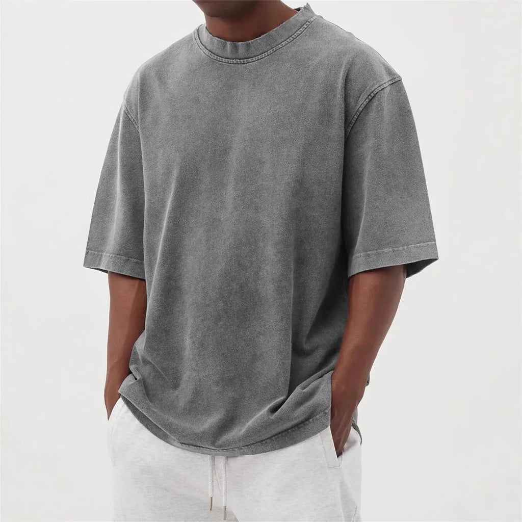 Men's Washed Distressed Pullover T-Shirt — Vintage Acid Wash Oversized Streetwear Tee with Drop Shoulder | Retro Style