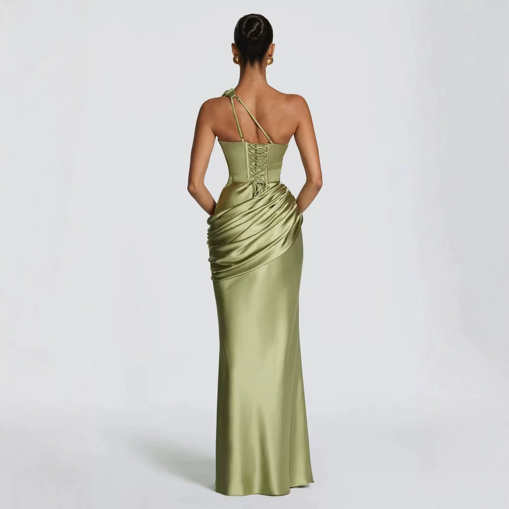Satin Asymmetric Evening Gown — Women's Elegant Floor Length One Shoulder Formal Dress for Wedding Guest, Gala & Party