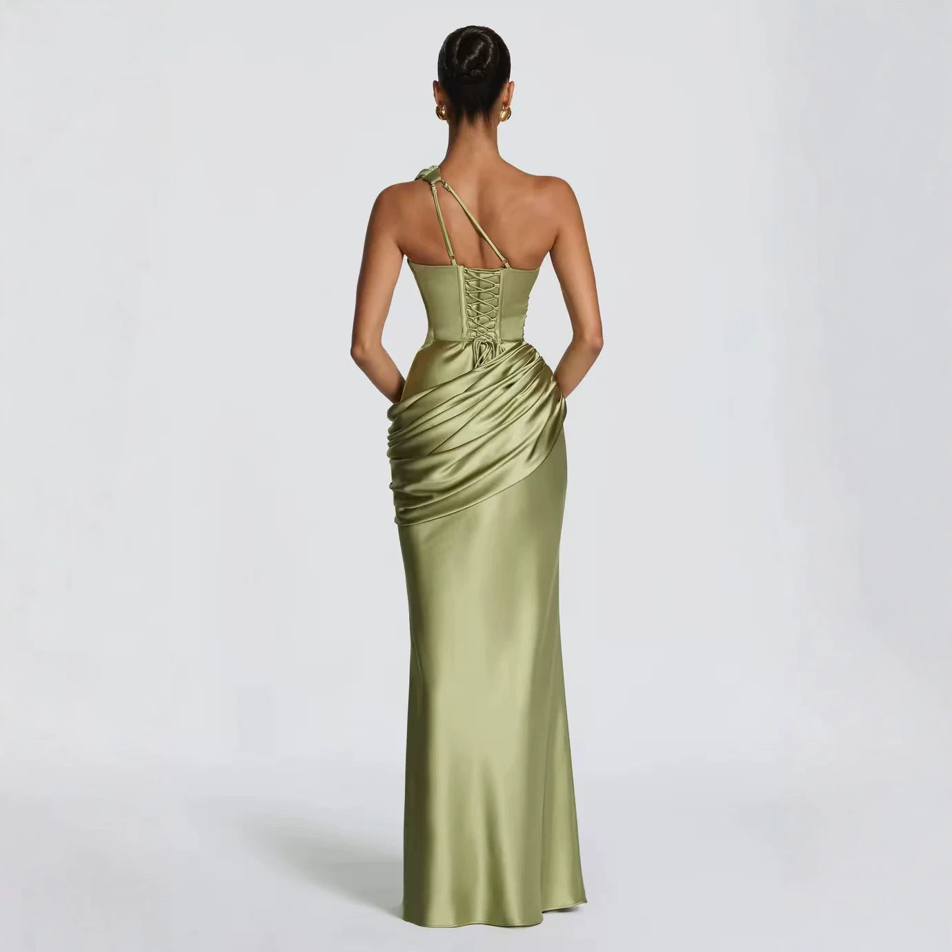 Satin Asymmetric Evening Gown — Women's Elegant Floor Length One Shoulder Formal Dress for Wedding Guest, Gala & Party