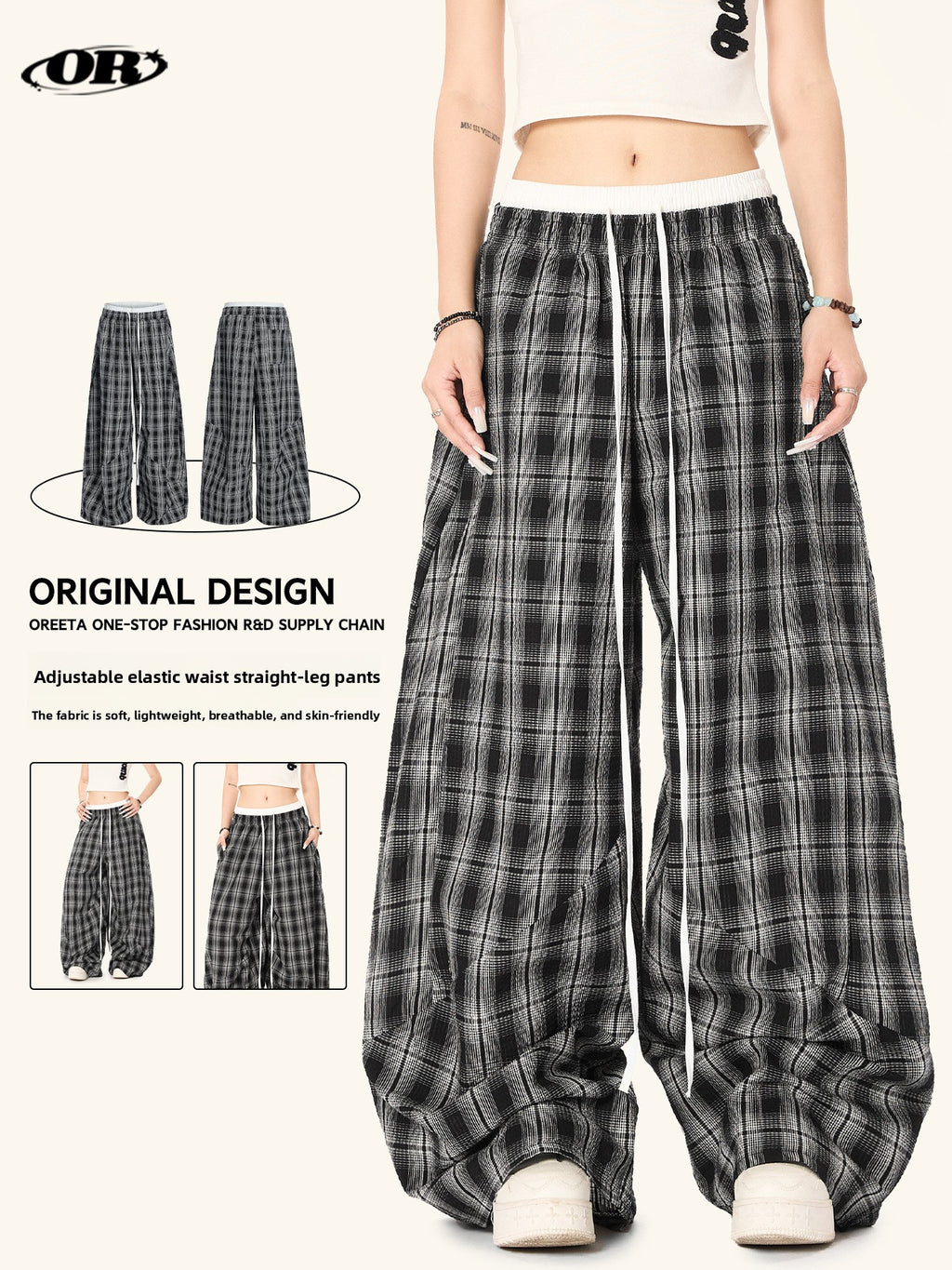 Black White Plaid High Waist Straight Leg Pants for Women — Classic Tartan Trousers for Office Work & Casual Wear
