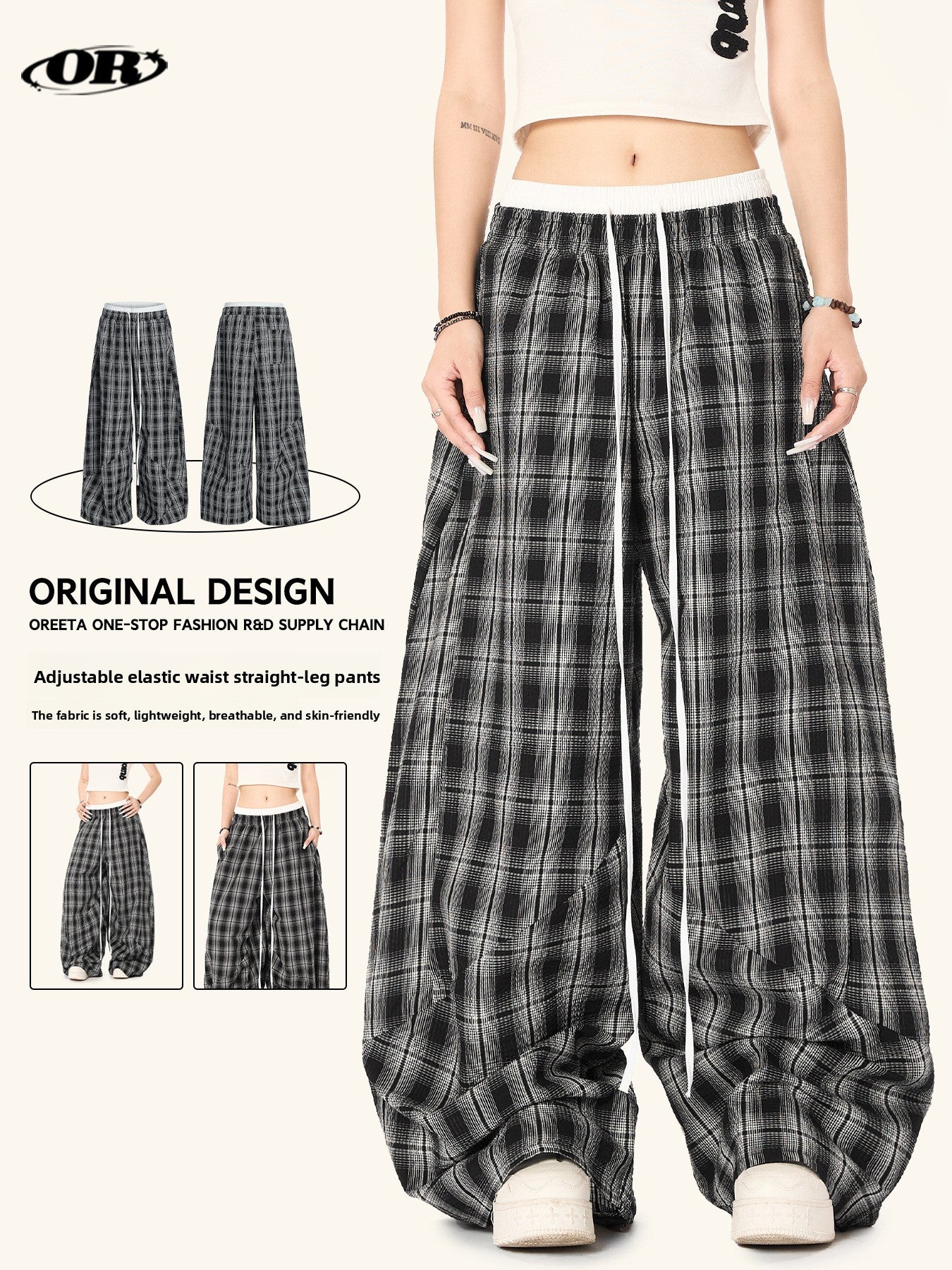 Black White Plaid High Waist Straight Leg Pants for Women — Classic Tartan Trousers for Office Work & Casual Wear