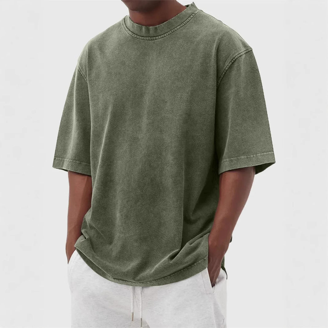 Men's Washed Distressed Pullover T-Shirt — Vintage Acid Wash Oversized Streetwear Tee with Drop Shoulder | Retro Style