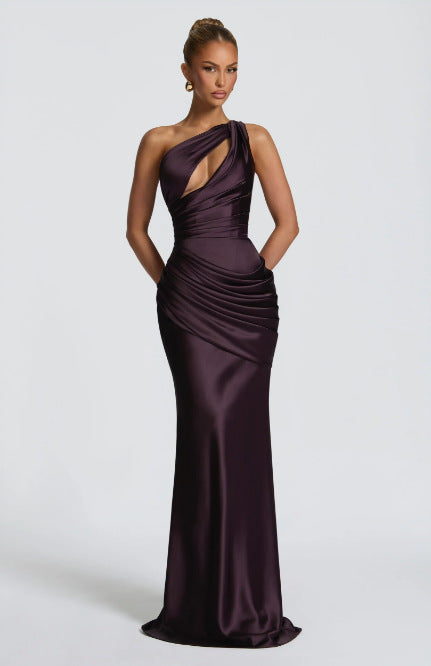 Satin Asymmetric Evening Gown — Women's Elegant Floor Length One Shoulder Formal Dress for Wedding Guest, Gala & Party