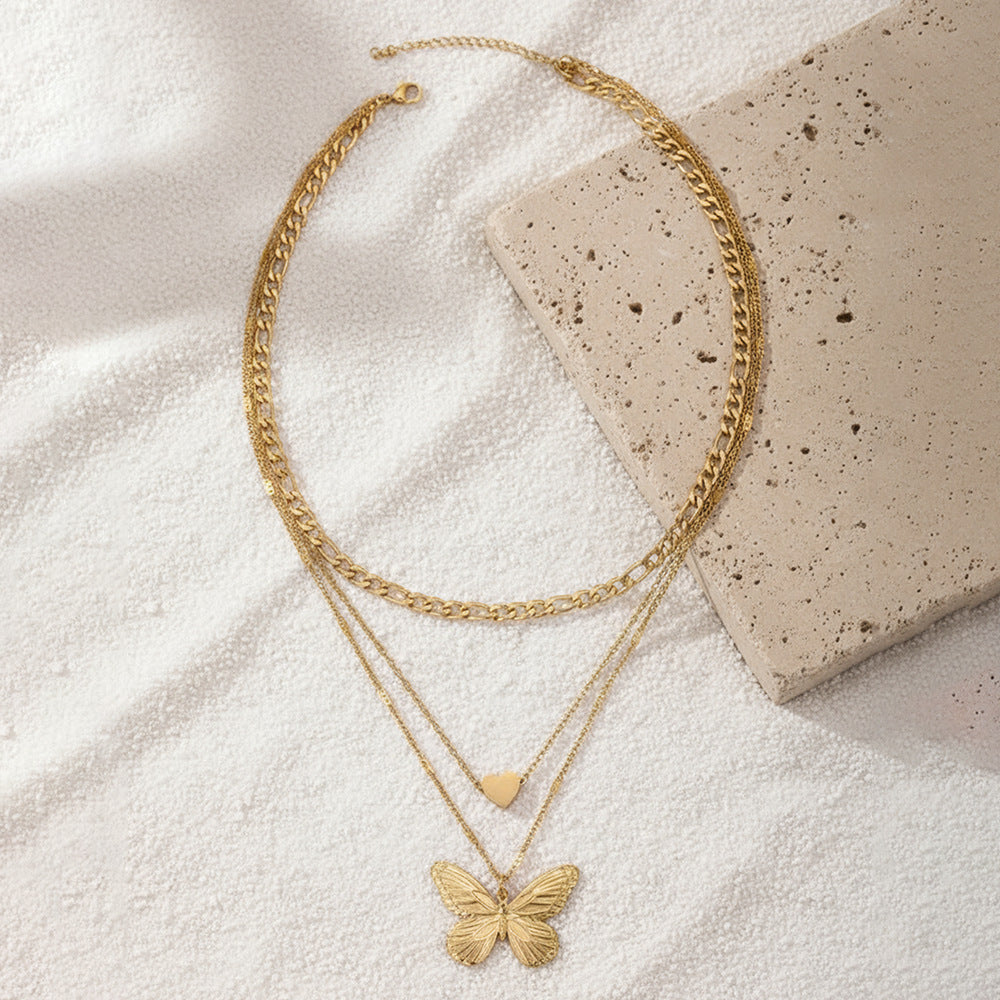 Layered Butterfly Heart Pendant Necklace — Dainty Double Layer Butterfly & Heart Charm Necklace for Women | Gift Jewellery