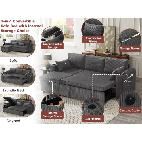 3-in-1 Corduroy Sofa Bed with Storage & Charging – Grey