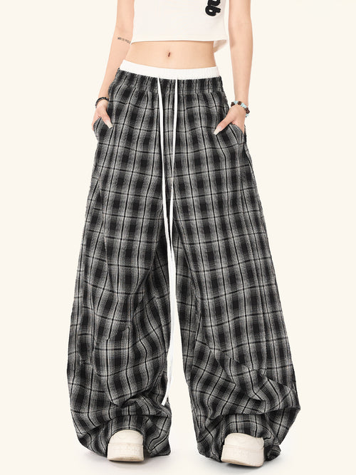 Black White Plaid High Waist Straight Leg Pants for Women — Classic Tartan Trousers for Office Work & Casual Wear