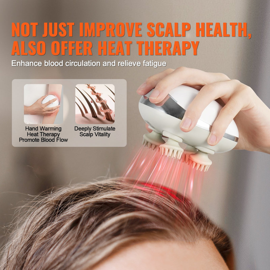 Electric Scalp Massager With Heat, Rechargeable Heated Head Massager, IPX7 Waterproof | Portable Kneading Scalp Scratcher With 8 Removable Massage Head For Hair Growth, Deep Clean, Stress Relax