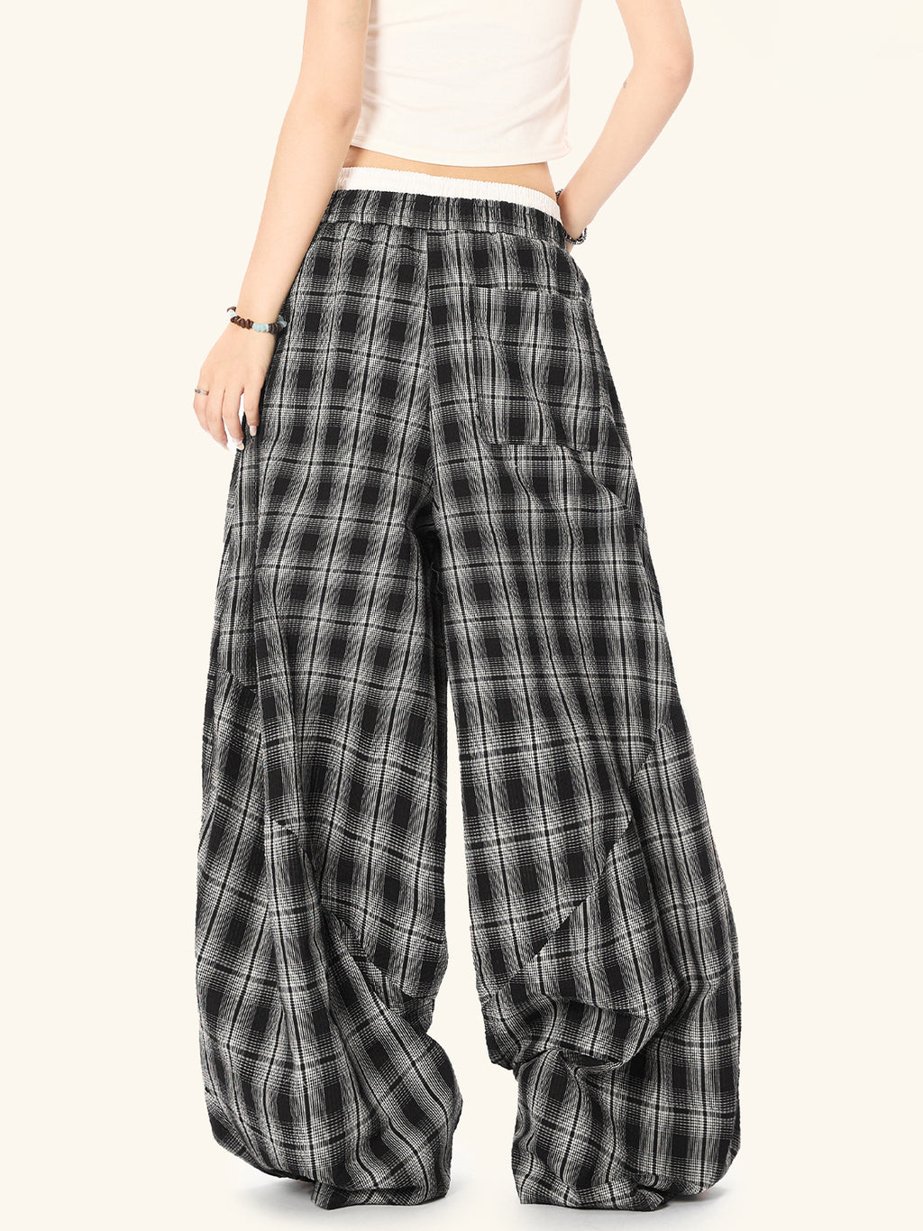 Black White Plaid High Waist Straight Leg Pants for Women — Classic Tartan Trousers for Office Work & Casual Wear