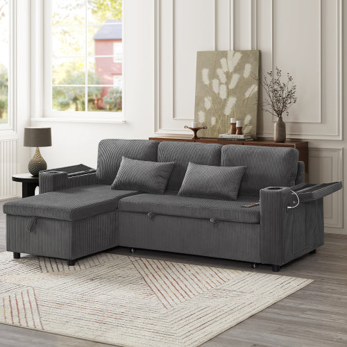 3-in-1 Corduroy Sofa Bed with Storage & Charging – Grey