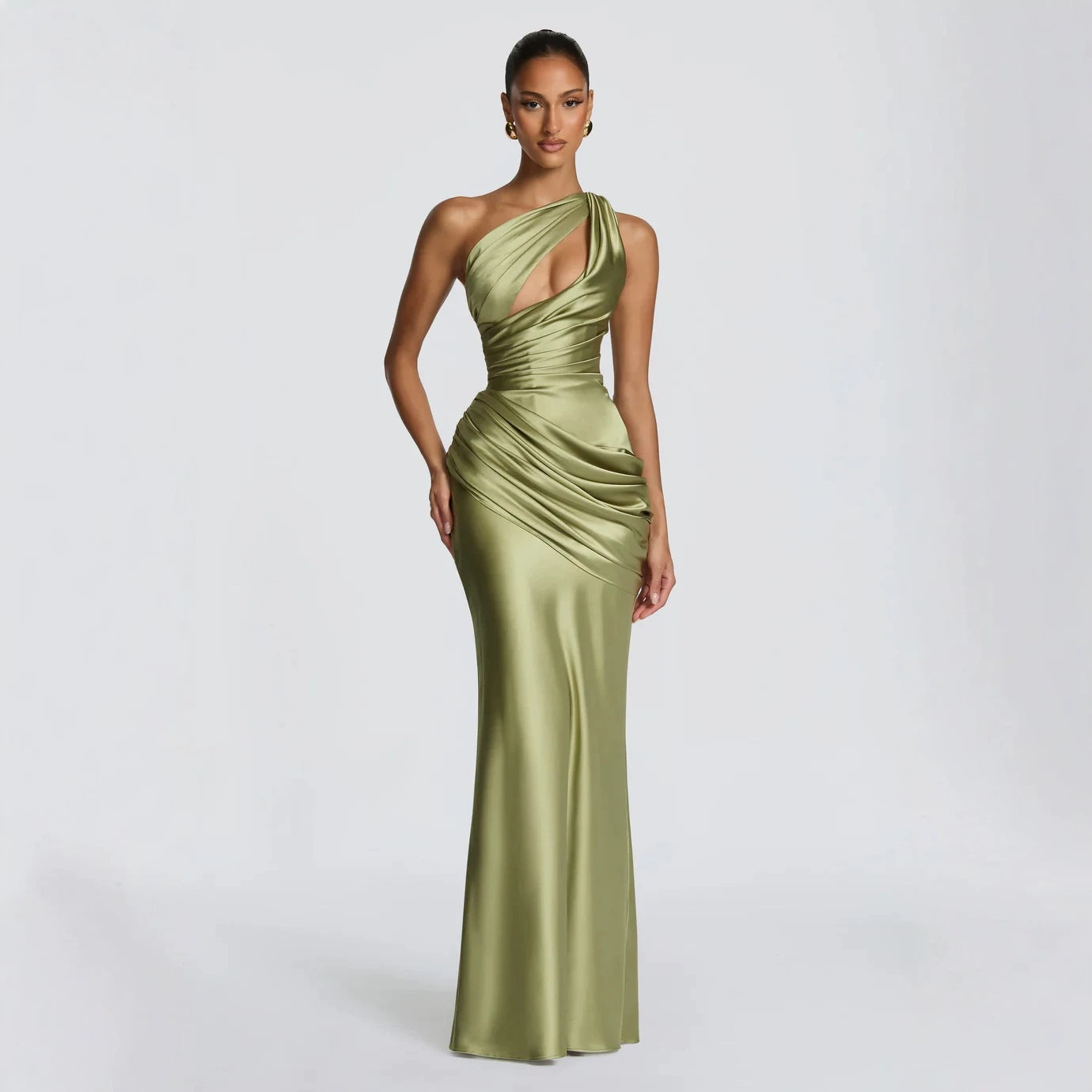 Satin Asymmetric Evening Gown — Women's Elegant Floor Length One Shoulder Formal Dress for Wedding Guest, Gala & Party