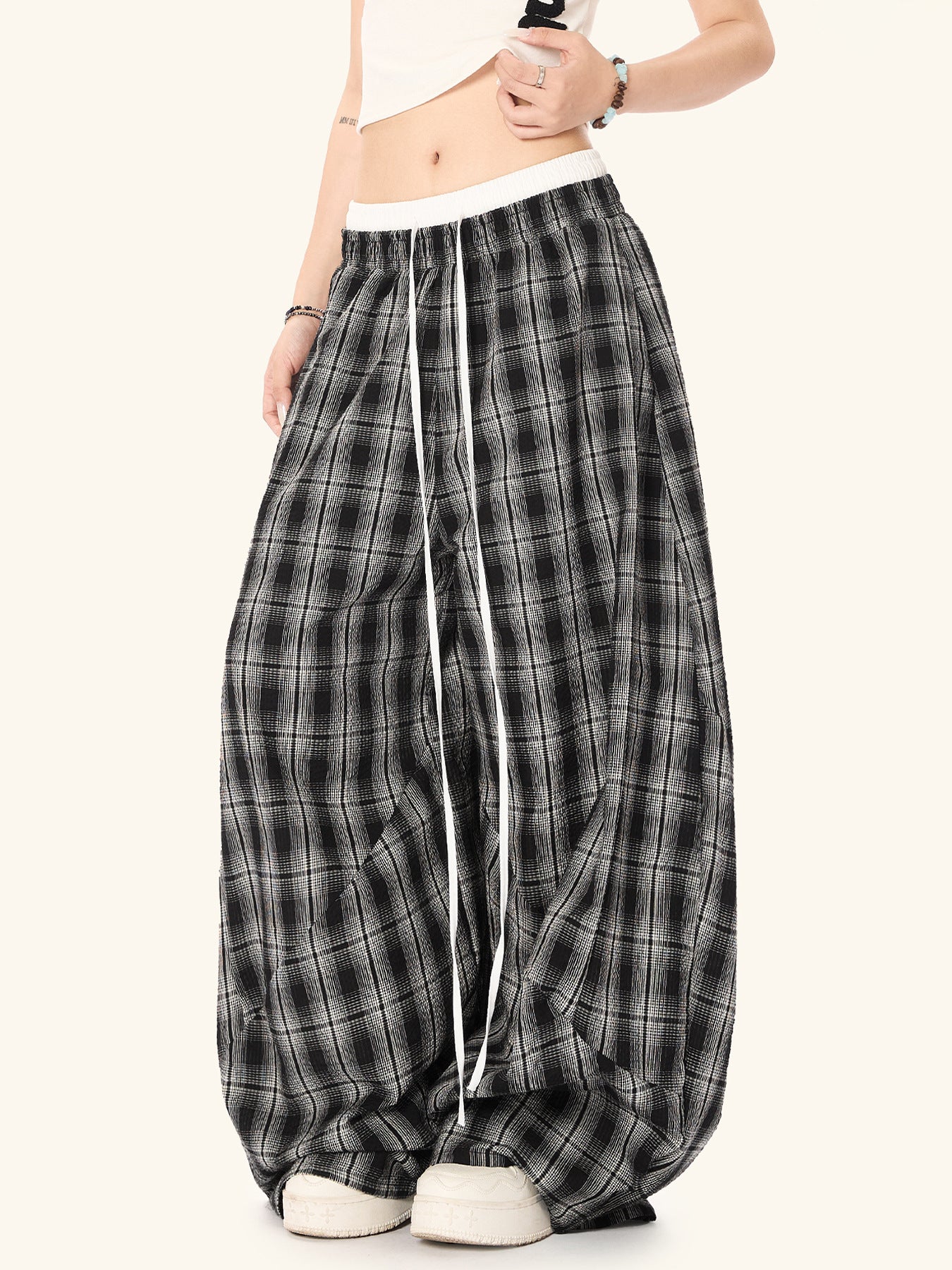 Black White Plaid High Waist Straight Leg Pants for Women — Classic Tartan Trousers for Office Work & Casual Wear