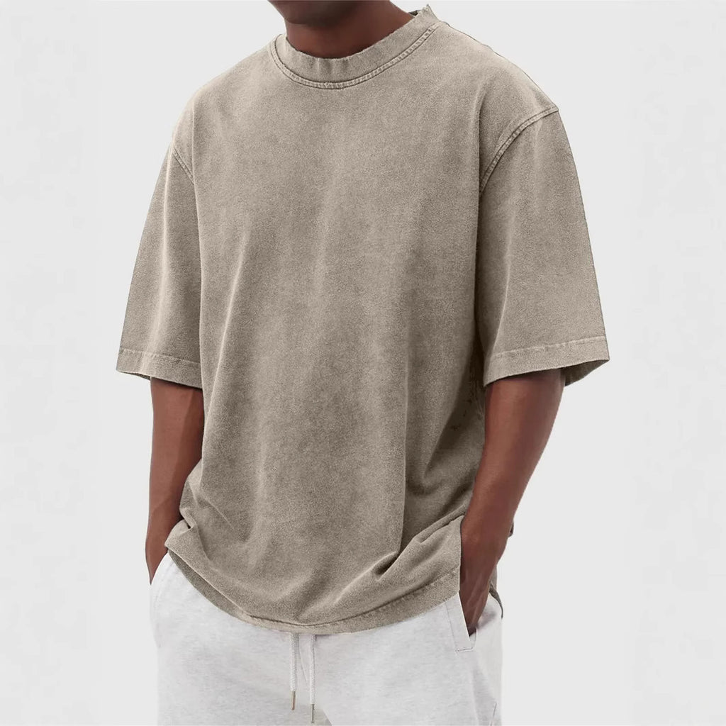Men's Washed Distressed Pullover T-Shirt — Vintage Acid Wash Oversized Streetwear Tee with Drop Shoulder | Retro Style