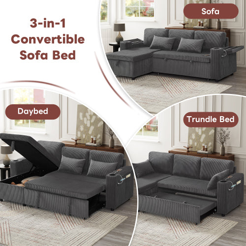3-in-1 Corduroy Sofa Bed with Storage & Charging – Grey