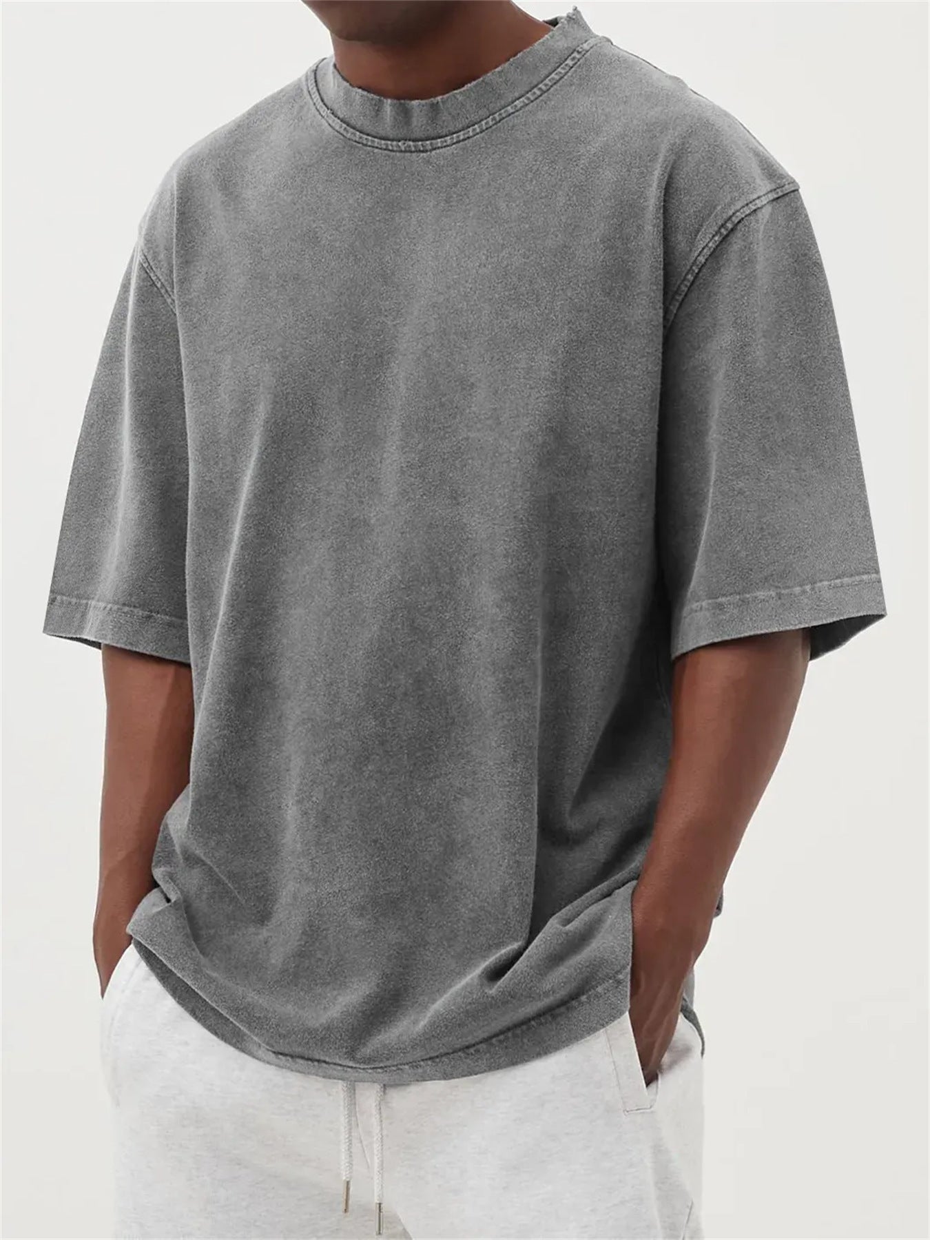 Men's Washed Distressed Pullover T-Shirt — Vintage Acid Wash Oversized Streetwear Tee with Drop Shoulder | Retro Style