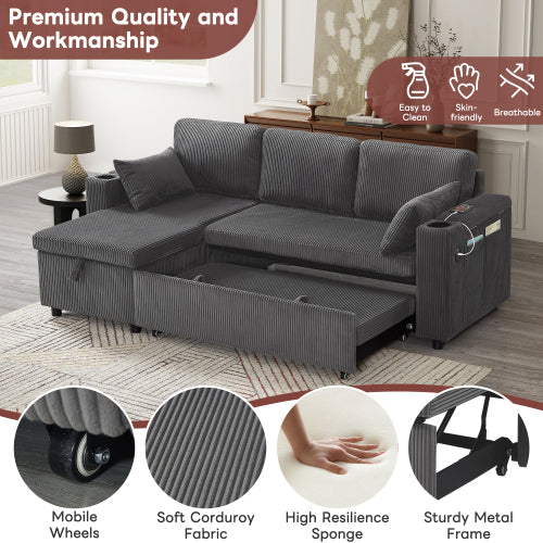 3-in-1 Corduroy Sofa Bed with Storage & Charging – Grey