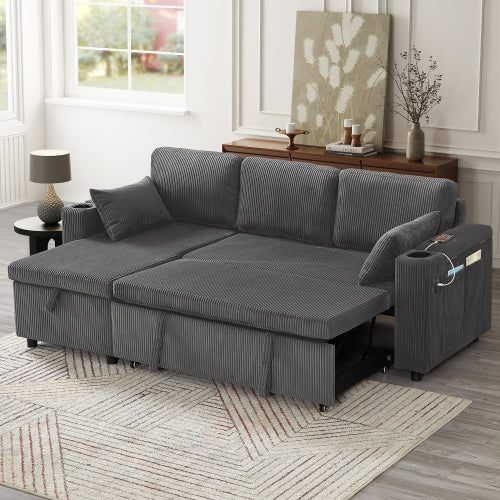 3-in-1 Corduroy Sofa Bed with Storage & Charging – Grey