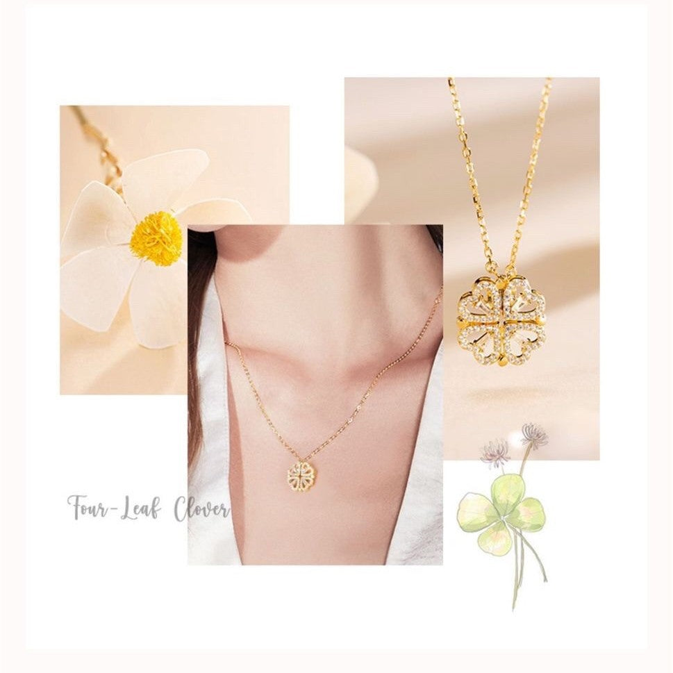 Four-Leaf Clover Heart Necklace — Lucky Charm Pendant Necklace for Women | Faith Hope Love Luck Gift Jewellery