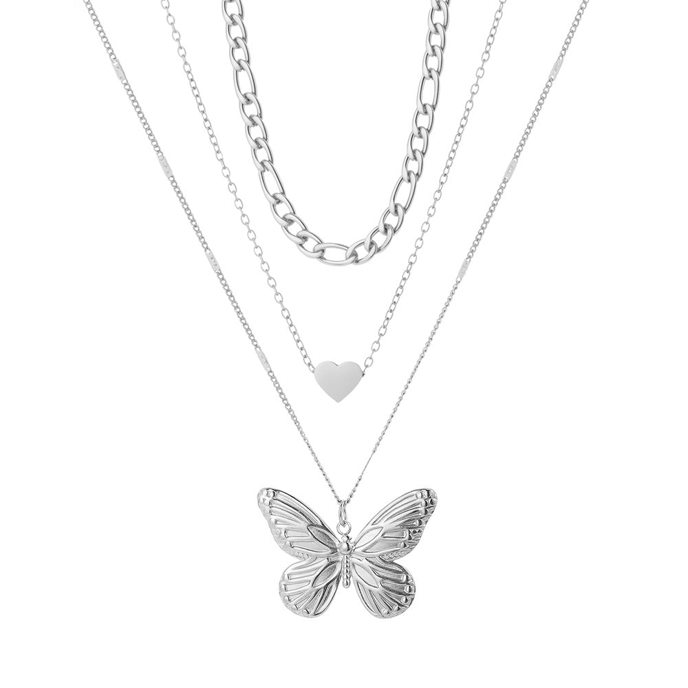 Layered Butterfly Heart Pendant Necklace — Dainty Double Layer Butterfly & Heart Charm Necklace for Women | Gift Jewellery
