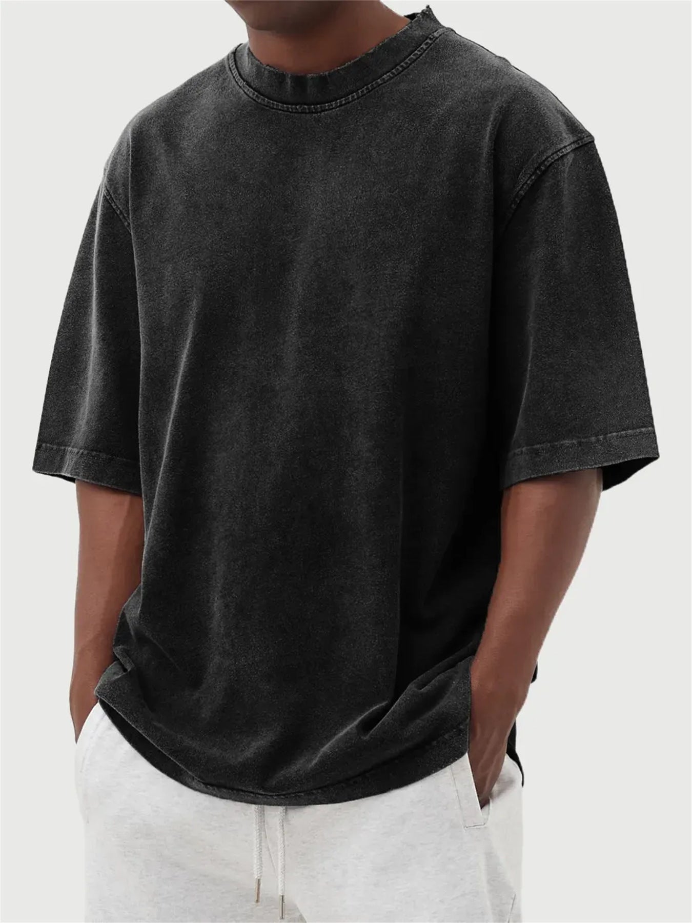 Men's Washed Distressed Pullover T-Shirt — Vintage Acid Wash Oversized Streetwear Tee with Drop Shoulder | Retro Style
