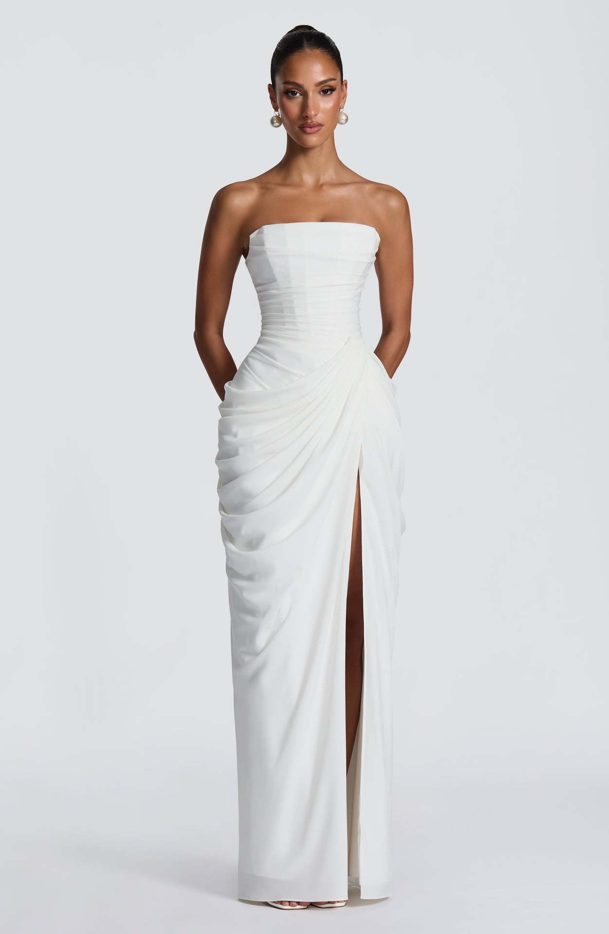 Off-Shoulder Ruffled Slit Dress for Women — Elegant Flowy Ruffle Bardot Dress with High Slit for Party & Special Occasions