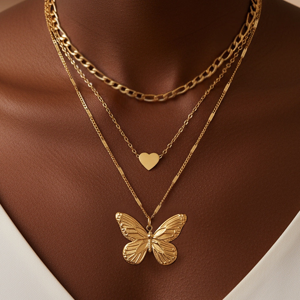 Layered Butterfly Heart Pendant Necklace — Dainty Double Layer Butterfly & Heart Charm Necklace for Women | Gift Jewellery