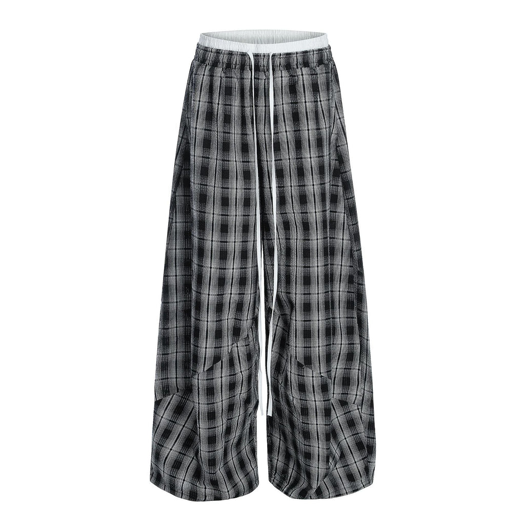 Black White Plaid High Waist Straight Leg Pants for Women — Classic Tartan Trousers for Office Work & Casual Wear