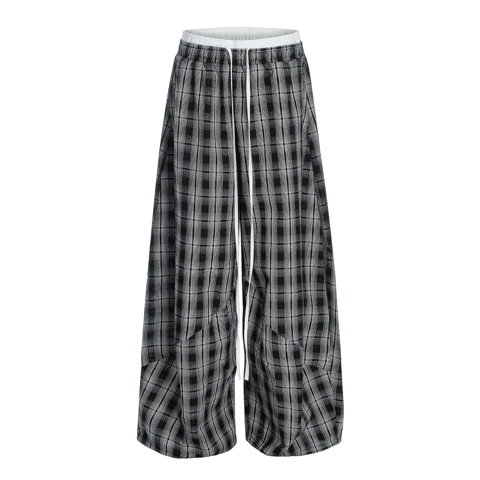 Black White Plaid High Waist Straight Leg Pants for Women — Classic Tartan Trousers for Office Work & Casual Wear