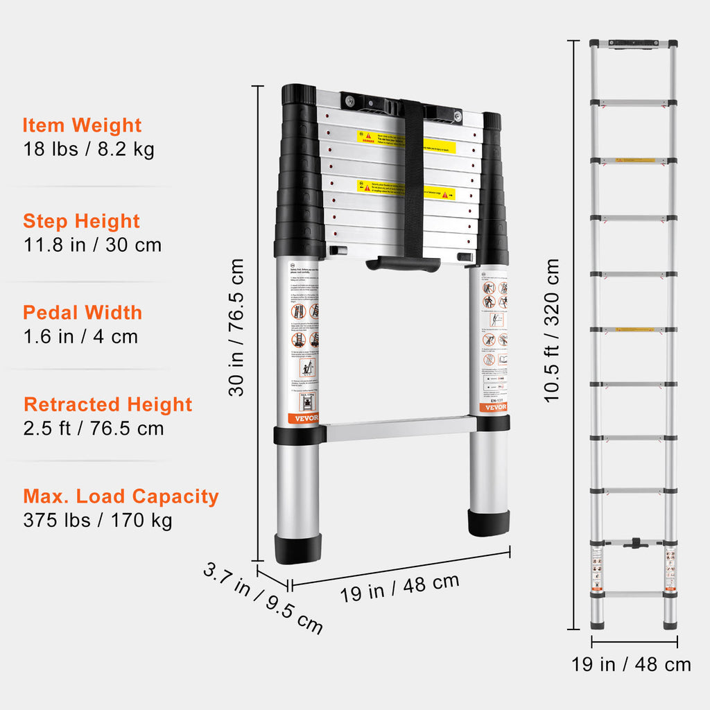 VEVOR Telescoping Ladder Aluminum Extension Step 10.5 Ft Multi-purpose Portable