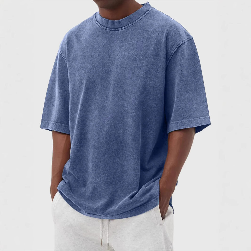 Men's Washed Distressed Pullover T-Shirt — Vintage Acid Wash Oversized Streetwear Tee with Drop Shoulder | Retro Style