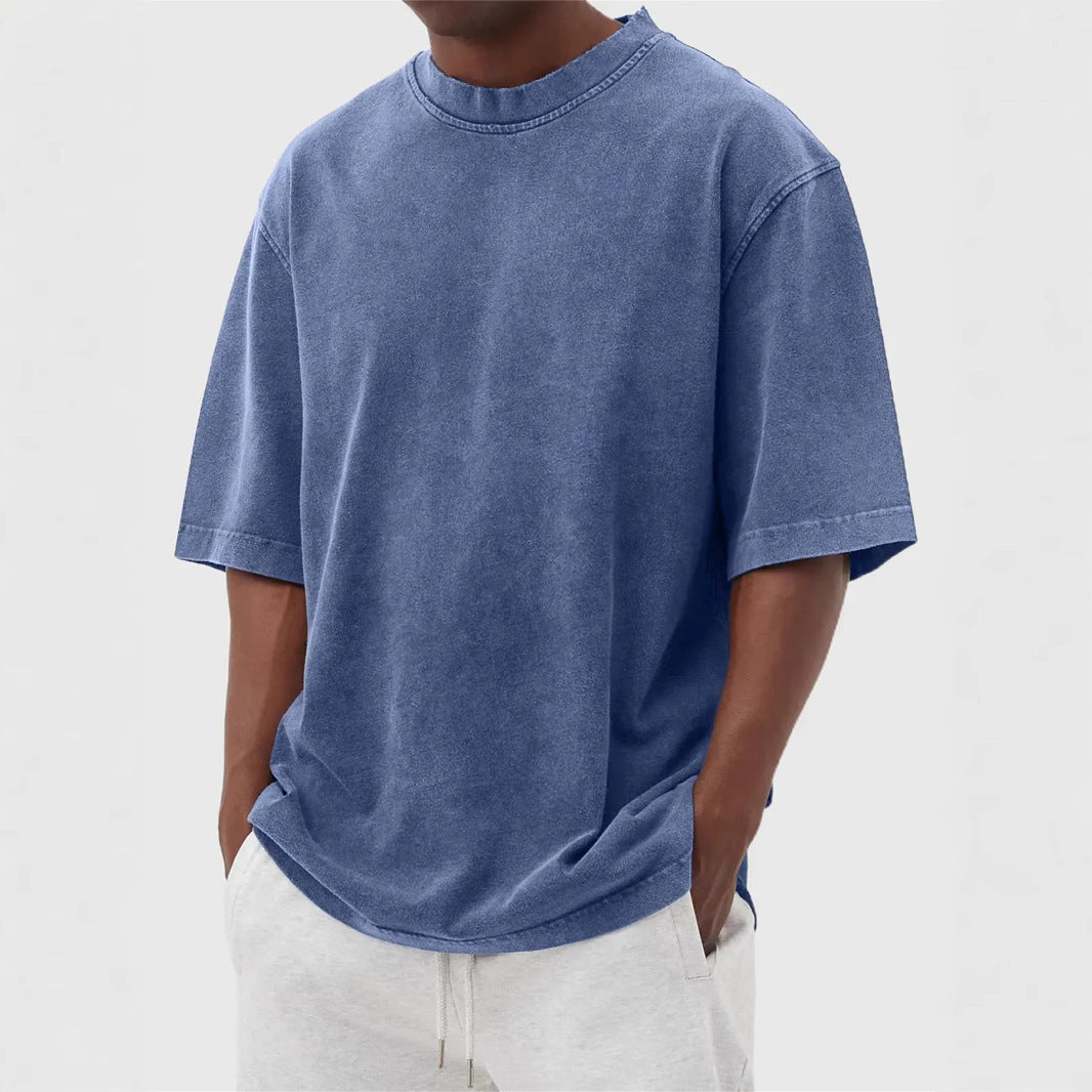 Men's Washed Distressed Pullover T-Shirt — Vintage Acid Wash Oversized Streetwear Tee with Drop Shoulder | Retro Style