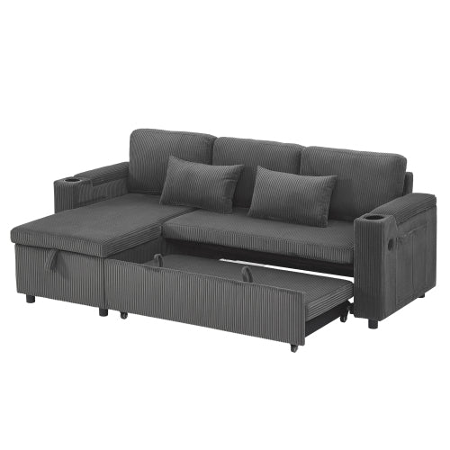 3-in-1 Corduroy Sofa Bed with Storage & Charging – Grey