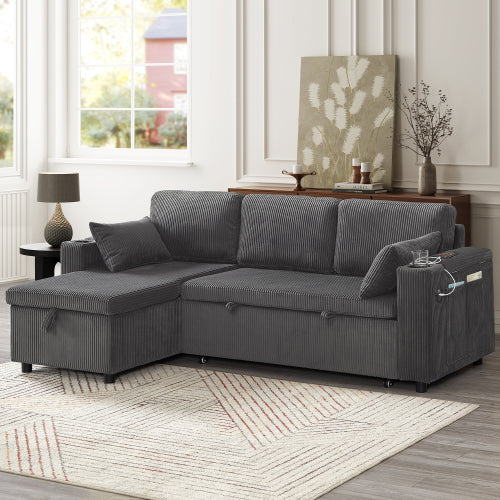 3 In 1 Convertible Corduroy Sofa Bed With Storage Chaise, L Shaped Sleeper Sofa Couches With Armrest Storage And Charging Station. Pullout Sectional Daybed For Living RoomBedroomOffice, Grey