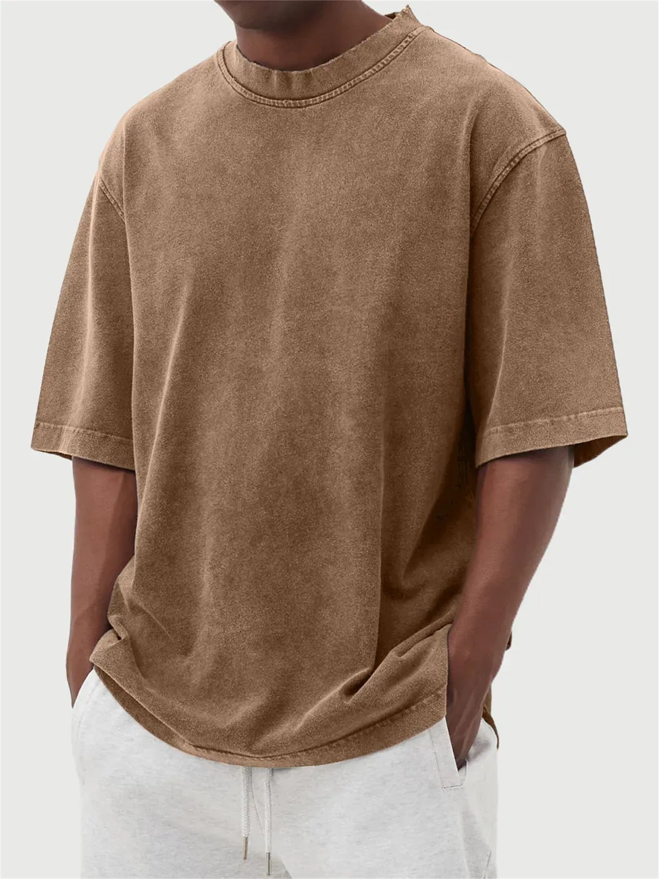 Men's Washed Distressed Pullover T-Shirt — Vintage Acid Wash Oversized Streetwear Tee with Drop Shoulder | Retro Style
