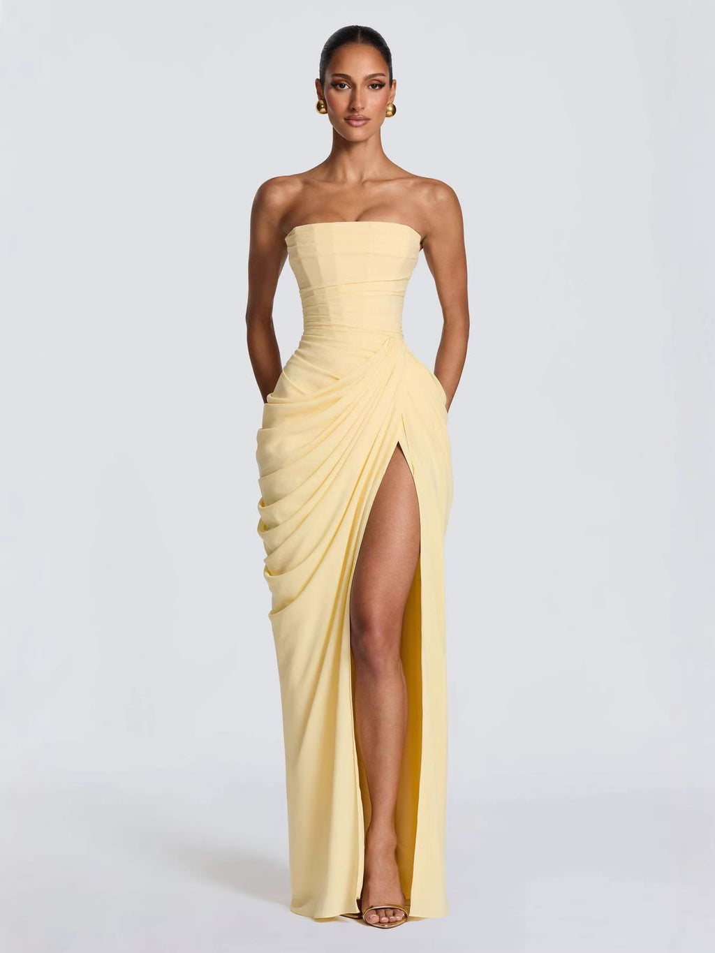 Off-Shoulder Ruffled Slit Dress for Women — Elegant Flowy Ruffle Bardot Dress with High Slit for Party & Special Occasions