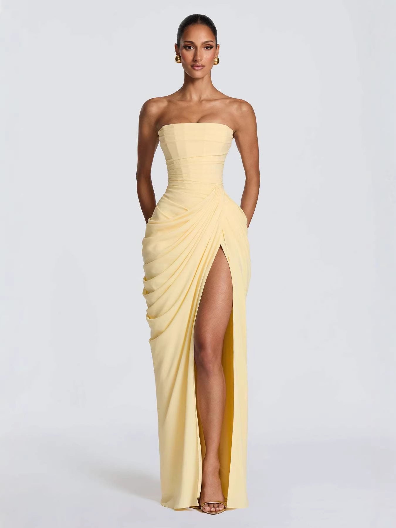 Off-Shoulder Ruffled Slit Dress for Women — Elegant Flowy Ruffle Bardot Dress with High Slit for Party & Special Occasions