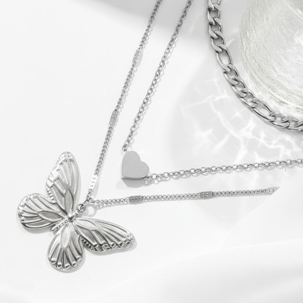 Layered Butterfly Heart Pendant Necklace — Dainty Double Layer Butterfly & Heart Charm Necklace for Women | Gift Jewellery