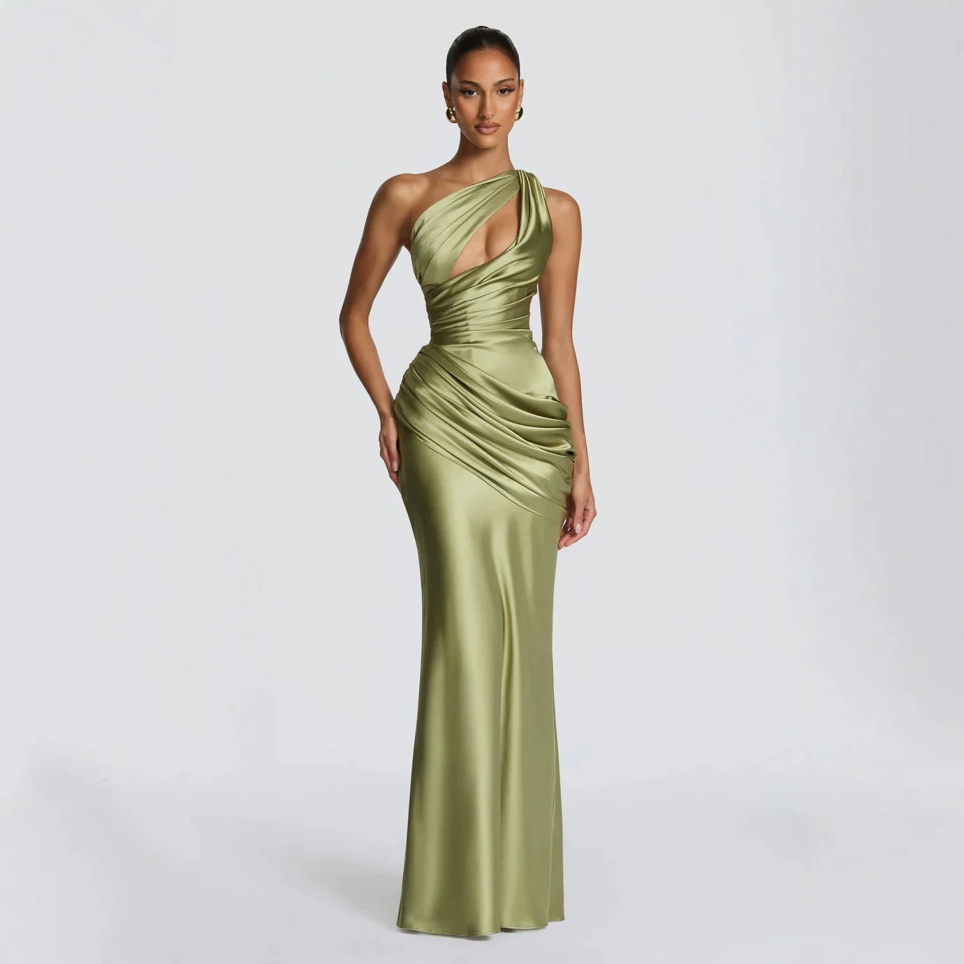 Satin Asymmetric Evening Gown — Women's Elegant Floor Length One Shoulder Formal Dress for Wedding Guest, Gala & Party