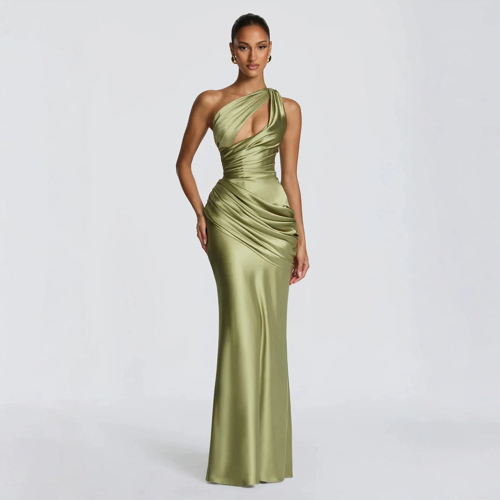 Satin Asymmetric Evening Gown — Women's Elegant Floor Length One Shoulder Formal Dress for Wedding Guest, Gala & Party