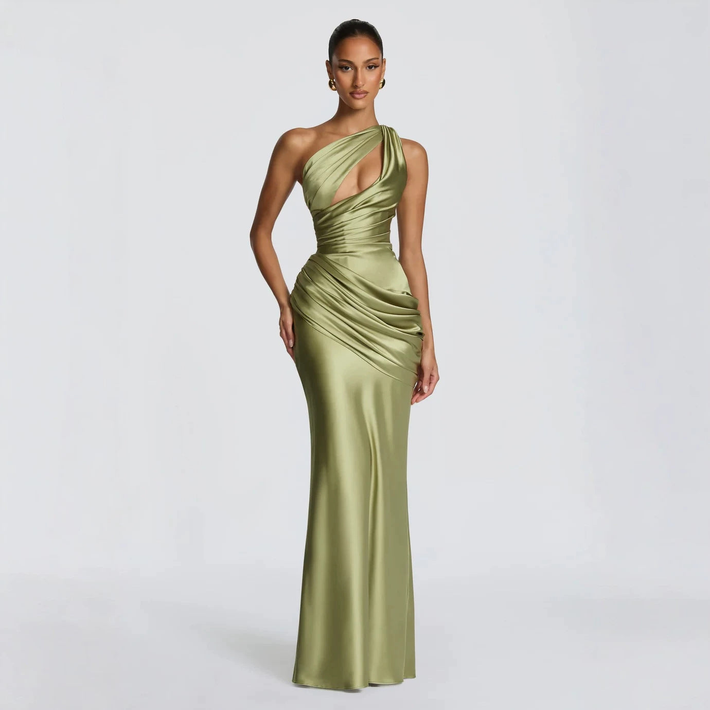 Satin Asymmetric Evening Gown — Women's Elegant Floor Length One Shoulder Formal Dress for Wedding Guest, Gala & Party