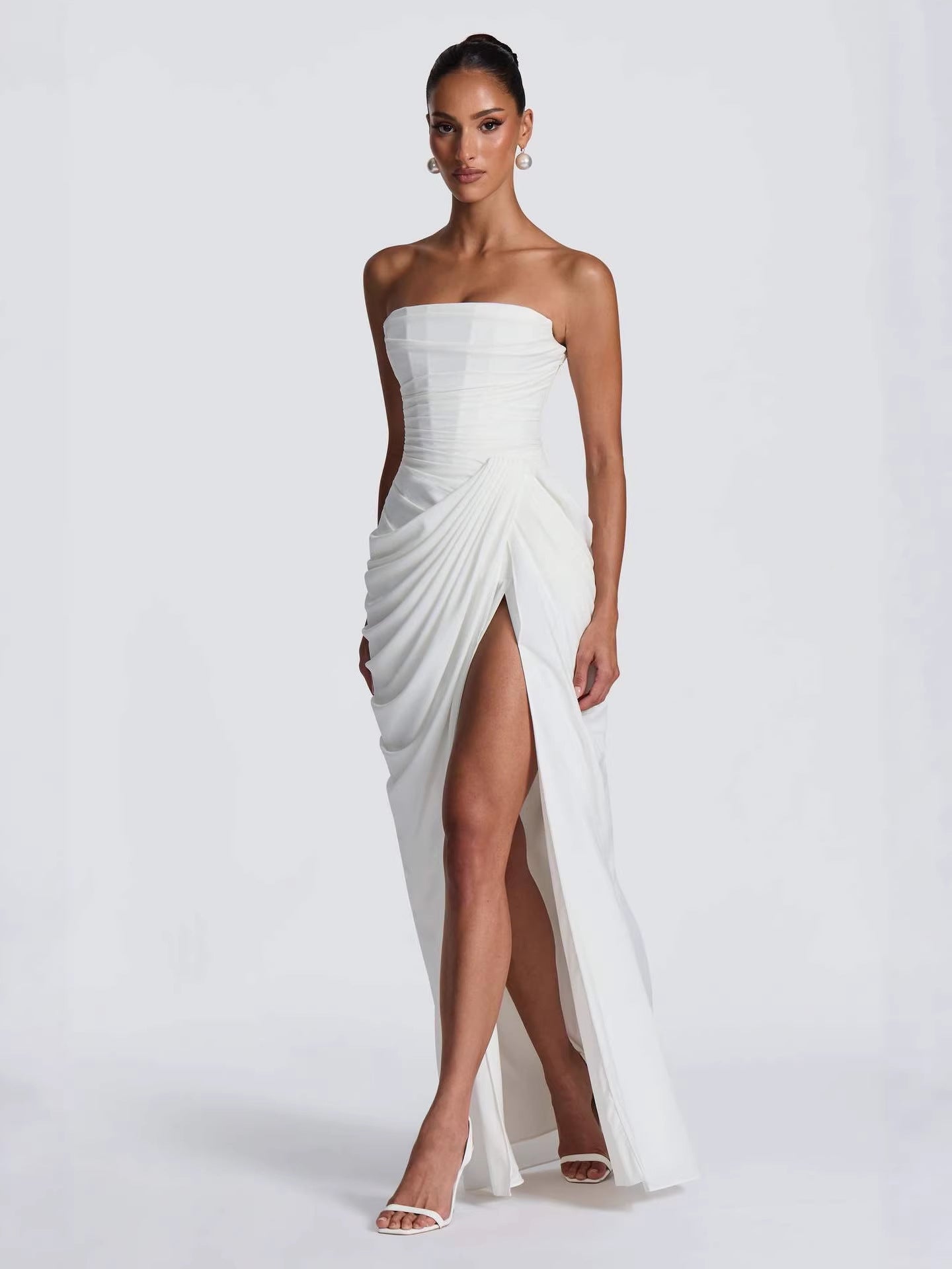 Off-Shoulder Ruffled Slit Dress for Women — Elegant Flowy Ruffle Bardot Dress with High Slit for Party & Special Occasions