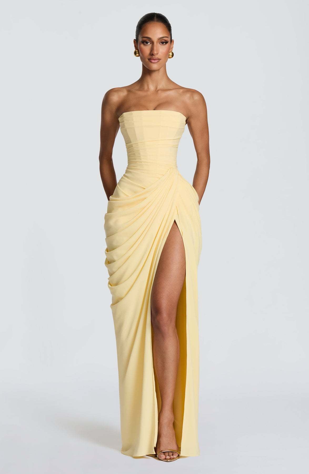Off-Shoulder Ruffled Slit Dress for Women — Elegant Flowy Ruffle Bardot Dress with High Slit for Party & Special Occasions