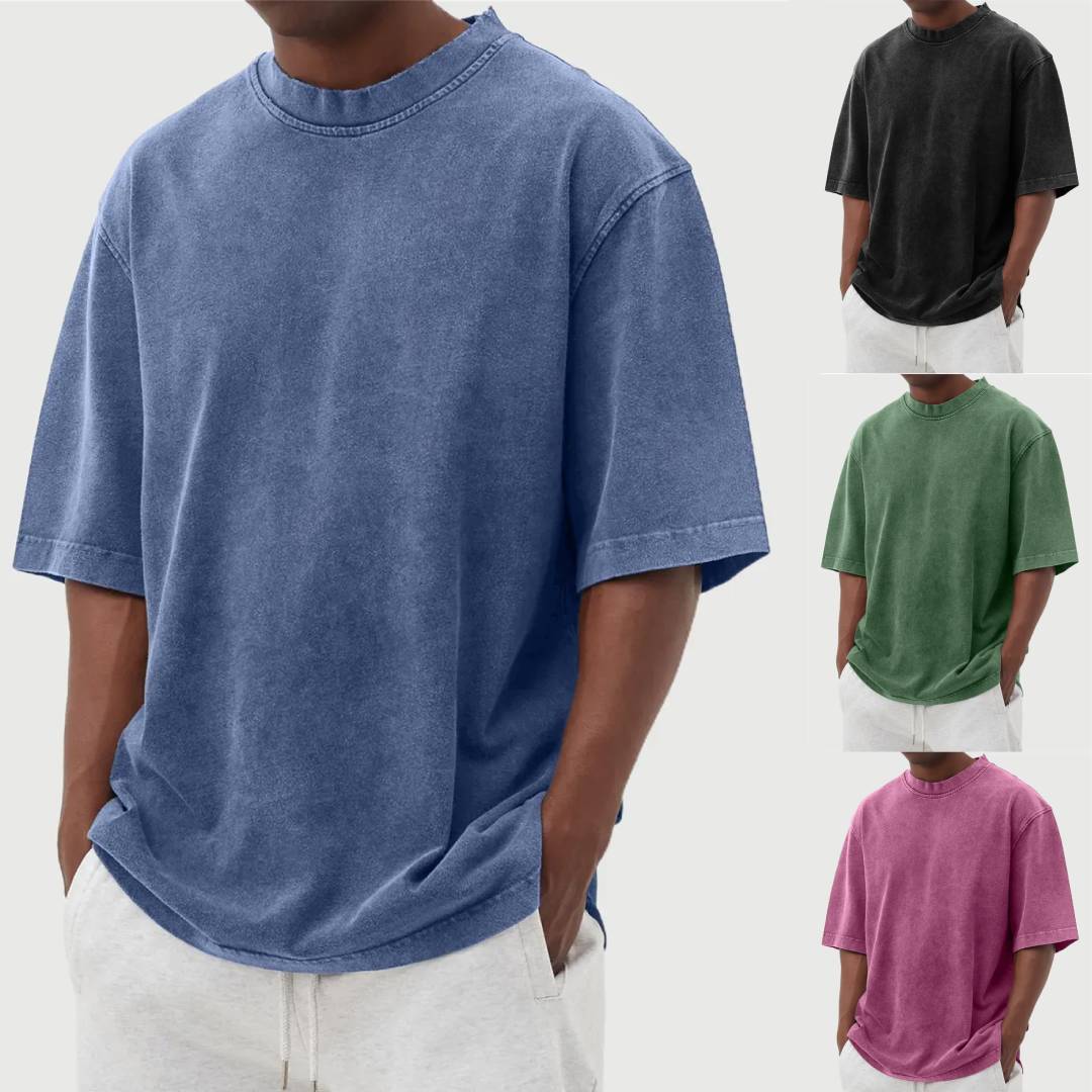 Men's Washed Distressed Pullover T-Shirt — Vintage Acid Wash Oversized Streetwear Tee with Drop Shoulder | Retro Style